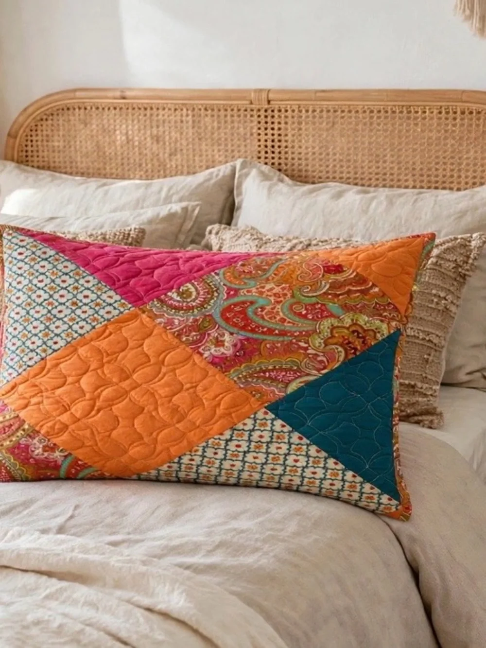 Bohemian Patchwork Decorative Pillow Cover in Orange, Pink & Teal 20X26 standard
